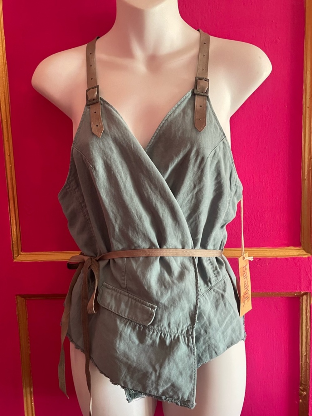 Babakul slate blue  Utility Wrap Vest with grey Leather Straps NWT Small